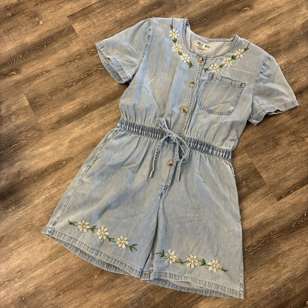 90s Denim Embroidered Romper